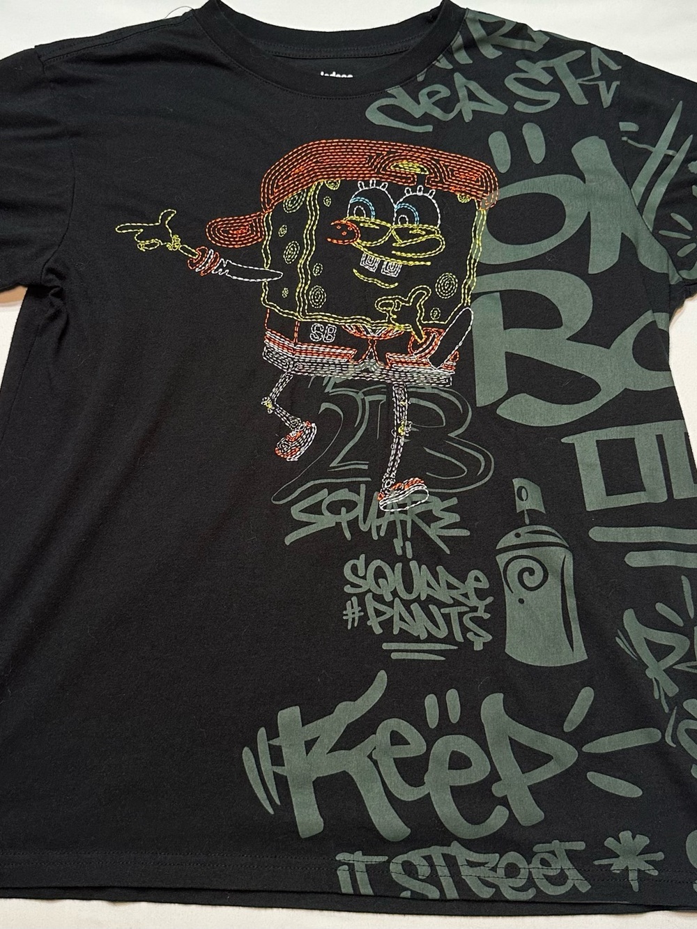 SpongeBob Embroidered Graffiti Streetwear Graphic Tee Black Men's XL
